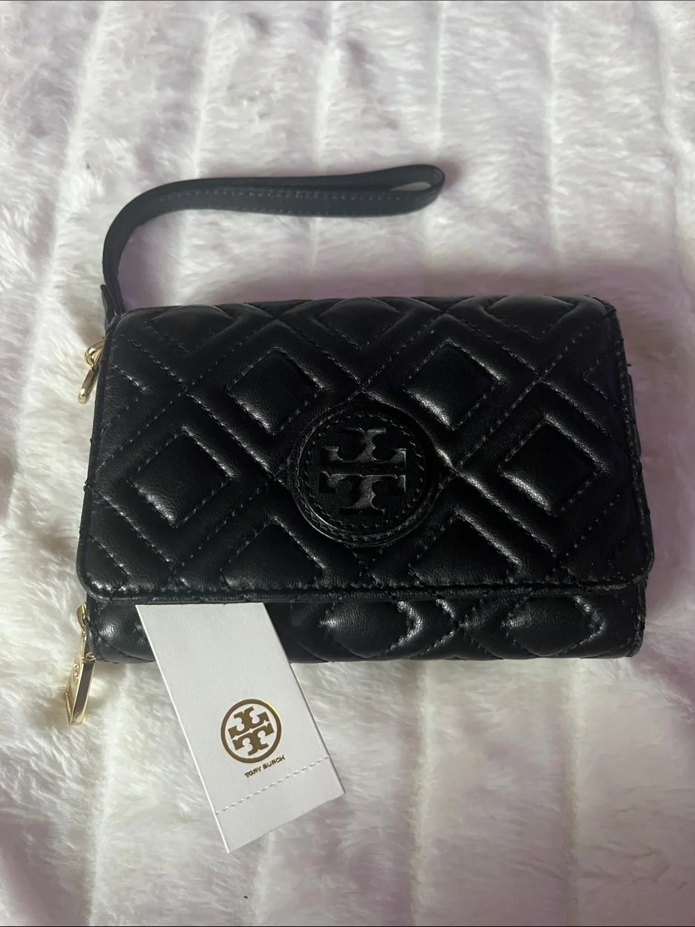 Tory Burch Black Quilted Leather Wristlet Clutch with Logo